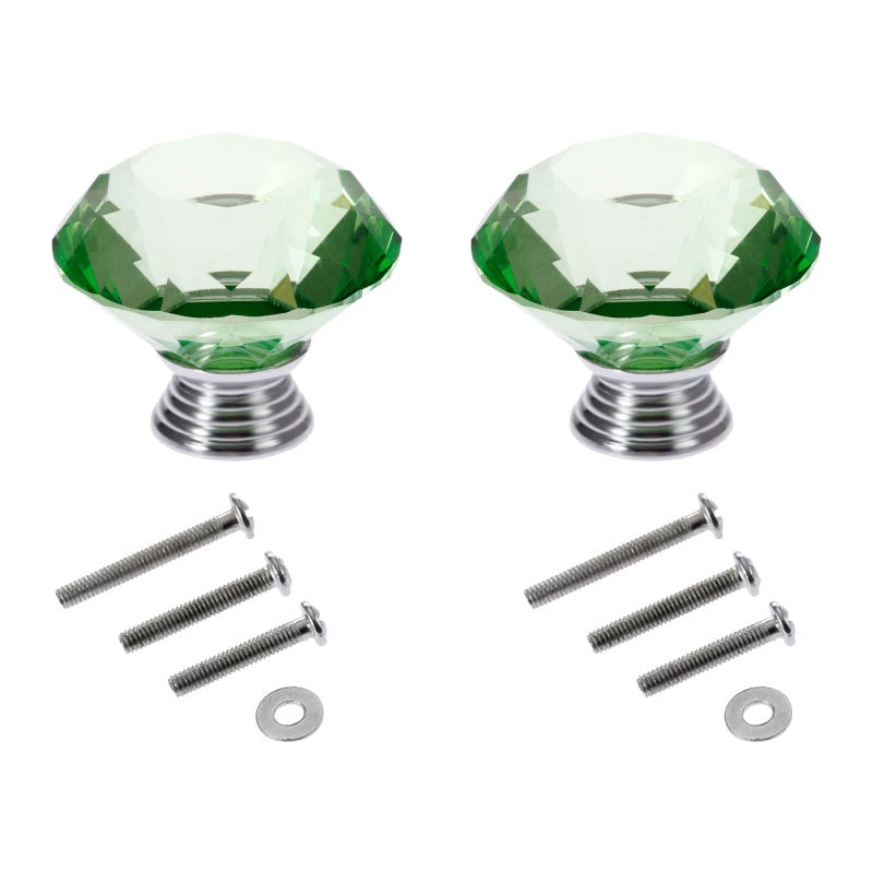 Mtsooning 40mm/1.57inch Green Crystal Knob, 2PCS Diamond Pull Handle, Furniture Hardware Knobs for Closet Cupboard Cabinet Drawer Dresser Wardrobe & 3 Size Screws - Image 1
